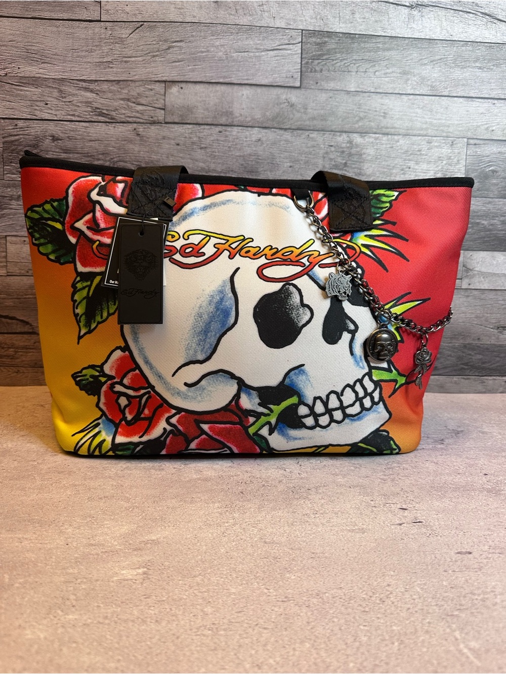 ED HARDY SKULL & ROSES TOTE • TATTOO ROCKER GLAM